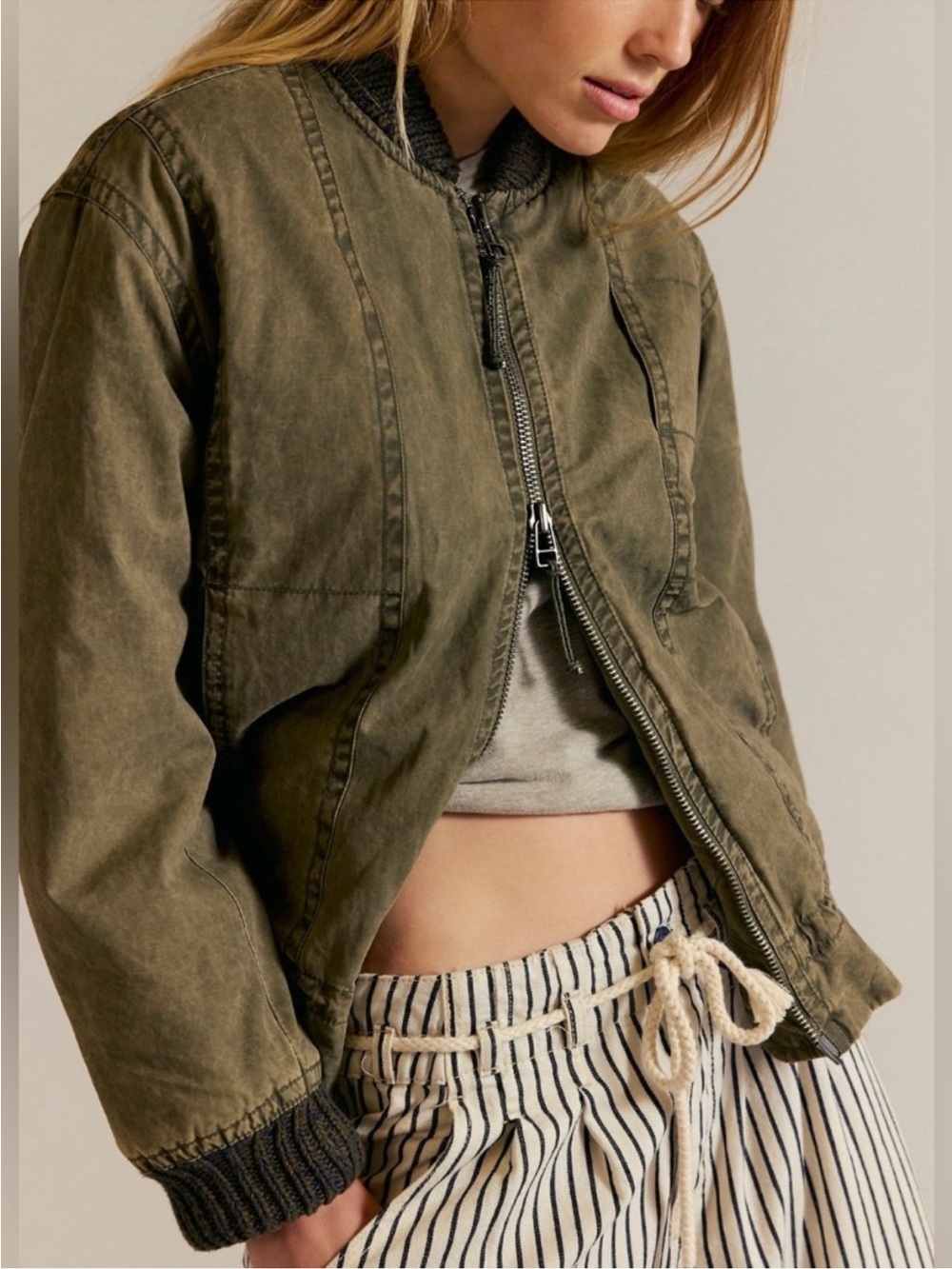NWT Free People Women's XL Olive Jax Bomber Oversized Jacket Two‑Way Zip Pockets - Picture 2 of 14